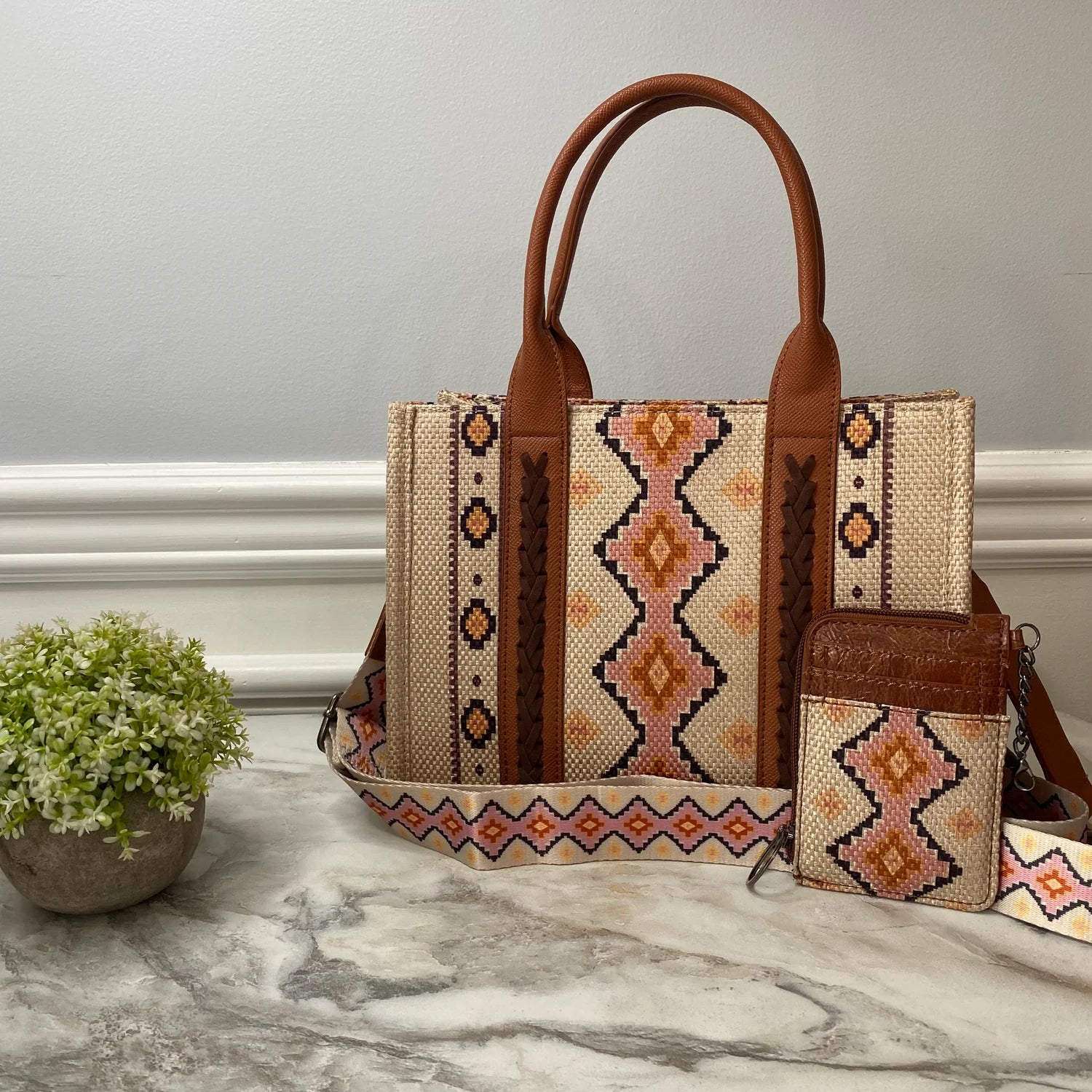 Arizona Tote Bag & Card Wallet in Cream/Pink/Orange