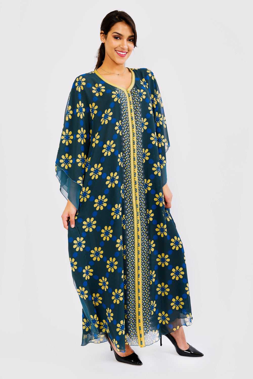 Kaftan Mayssoun Tiered Sleeve Chiffon Loose Maxi Dress Gandoura Abaya in Floral Print