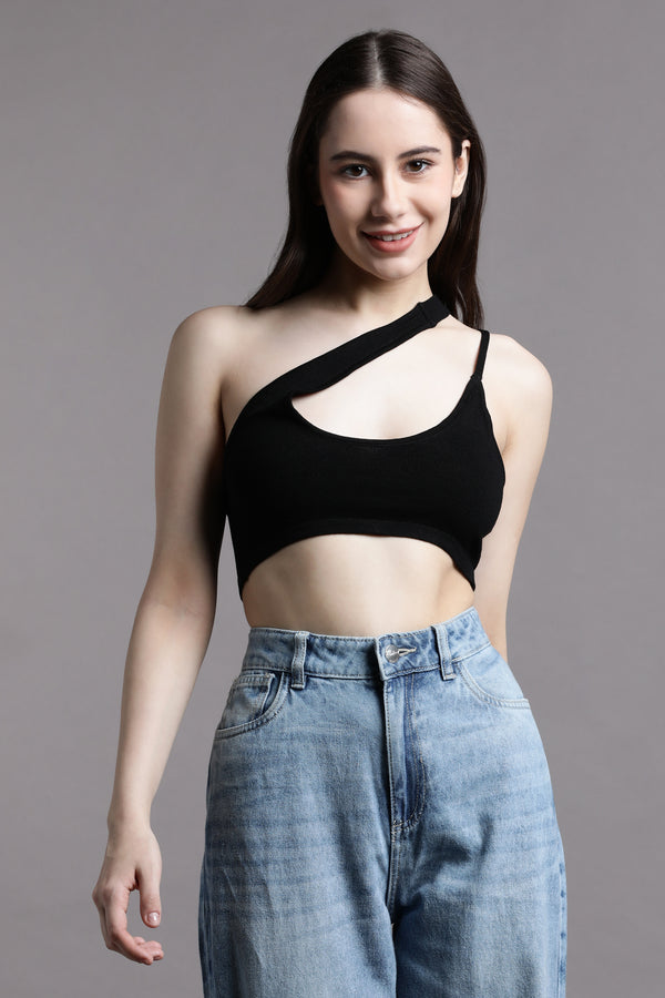 PLT Monochrome Panel Cut Out One Shoulder Crop Top  Shoulder crop top,  Womens workout outfits, Crop tops