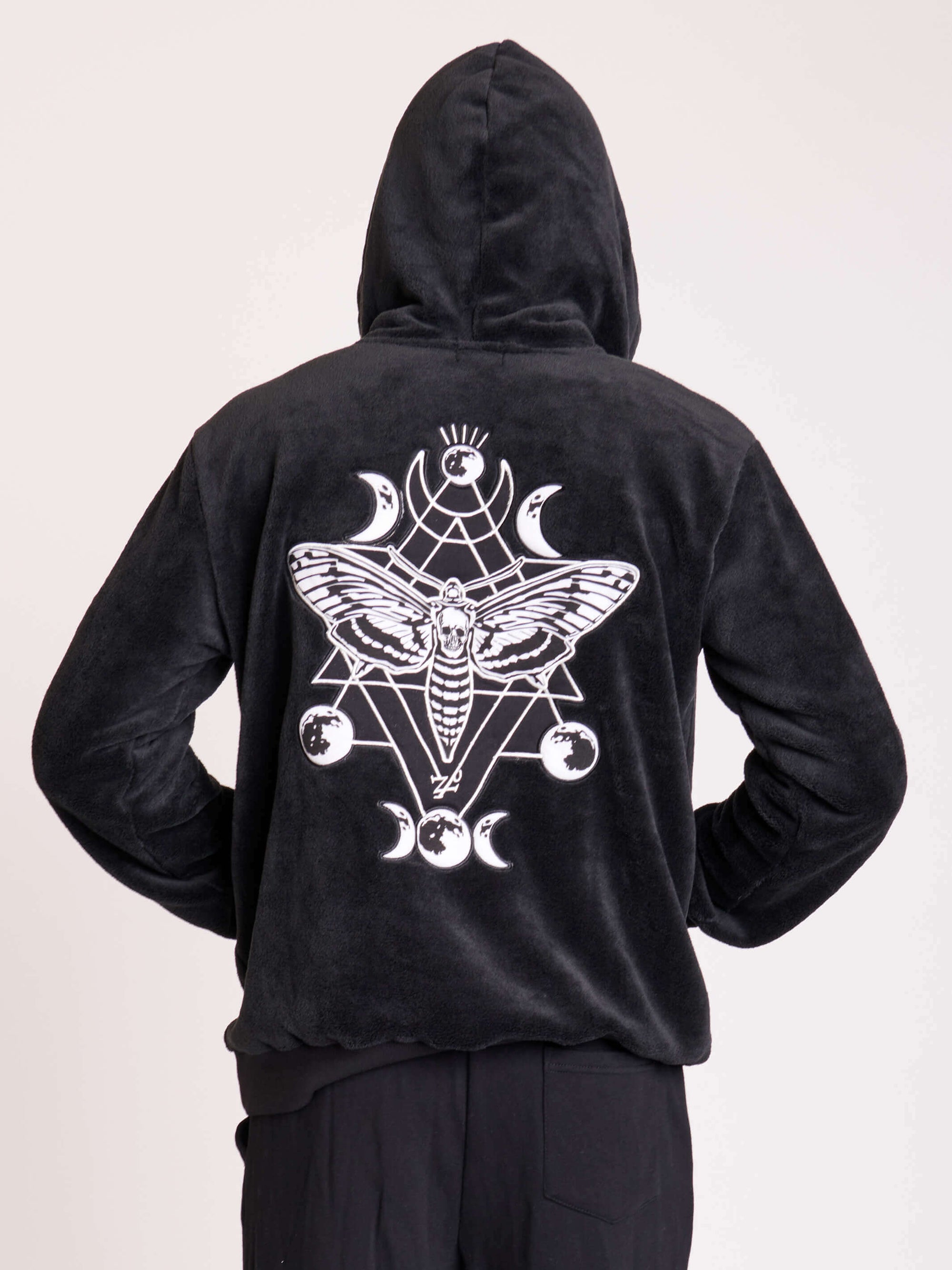 Plush black hoodie with large deathmoth patch on back