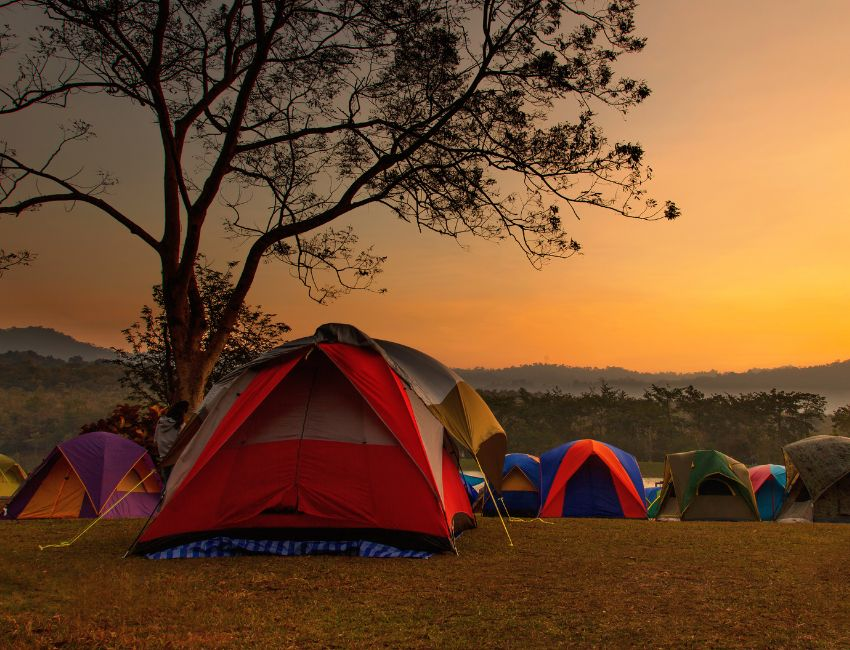 Different family tents under the sunset