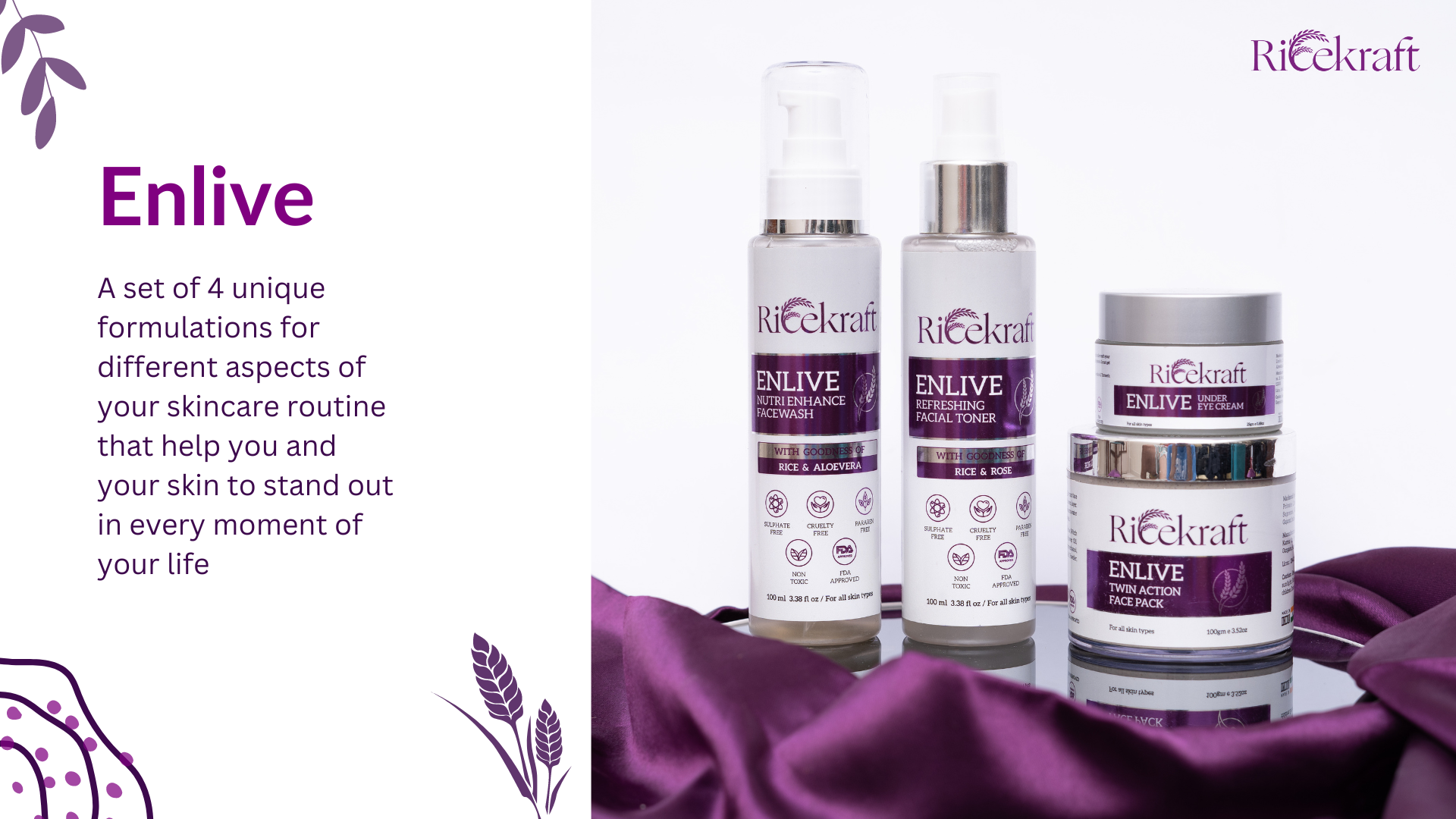 Ricekraft Enlive Pack, A set of 4 unique formulations for different aspects of your skincare routine that help you and your skin to stand out in every moment of your life