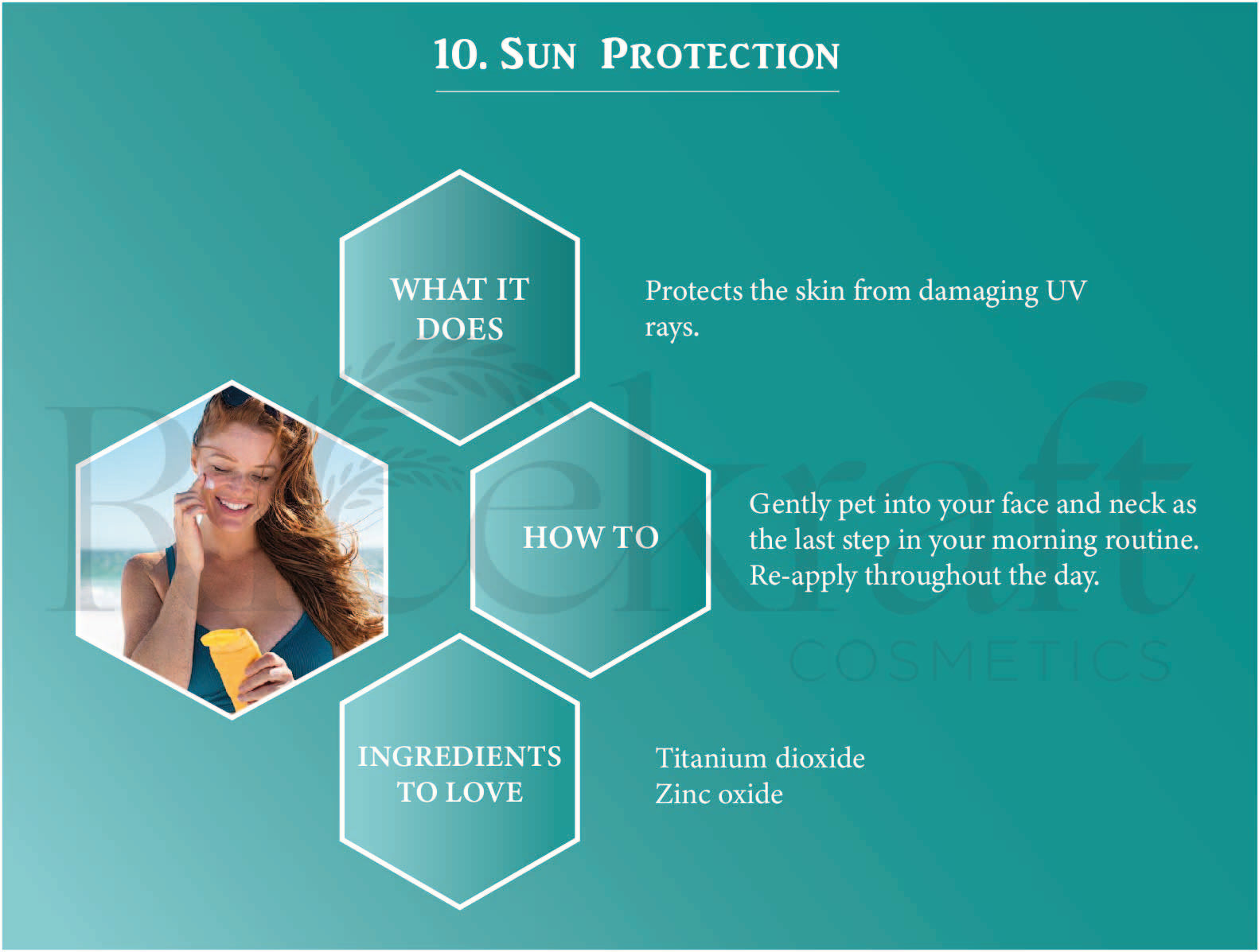 "Sun Protection: Shields from UV rays. Apply as final AM step, reapply. Key Ingredients: Titanium dioxide, Zinc oxide."