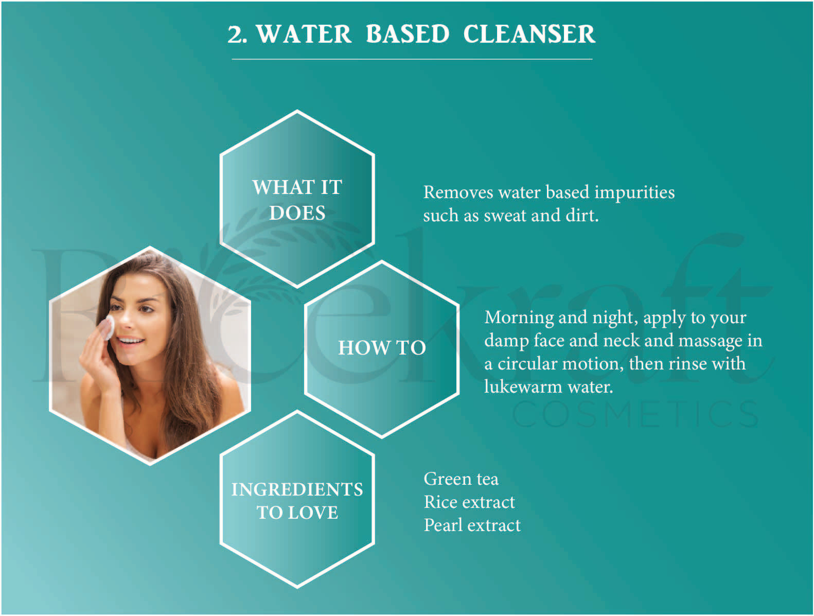 Water-based cleanser: Removes sweat and dirt. How to use: Apply to damp face and neck, massage, rinse. Ingredients: Green tea, Rice extract, Pearl extract."