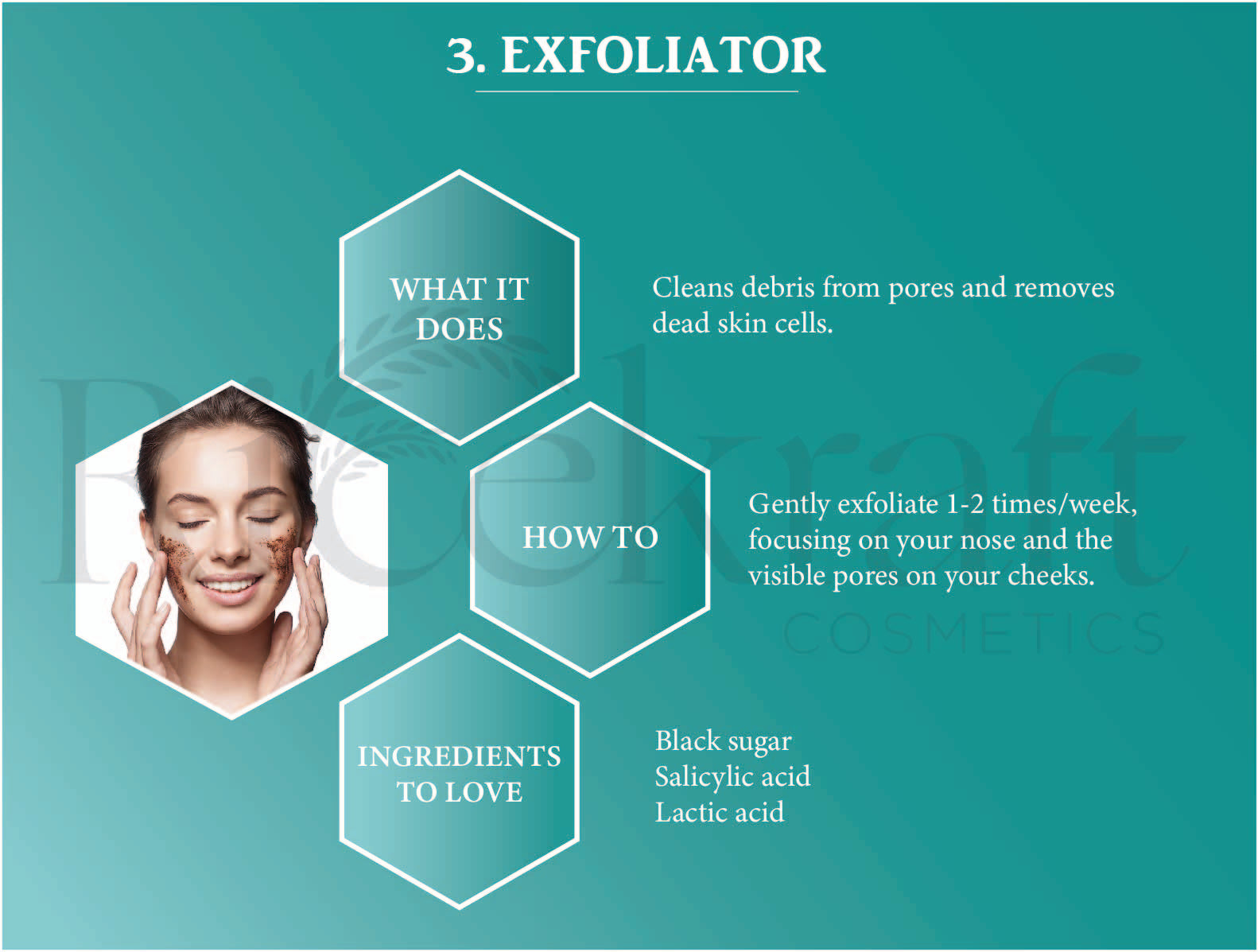 Clears pores & dead skin. Use 1-2 times/week on nose & cheeks. Ingredients: Black sugar, Salicylic acid, Lactic acid."