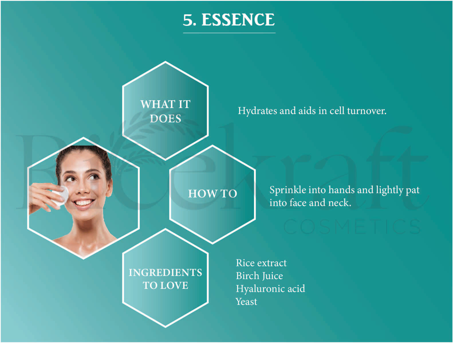 Essence with hydrating ingredients: Rice extract, Birch Juice, Hyaluronic acid, and Yeast."