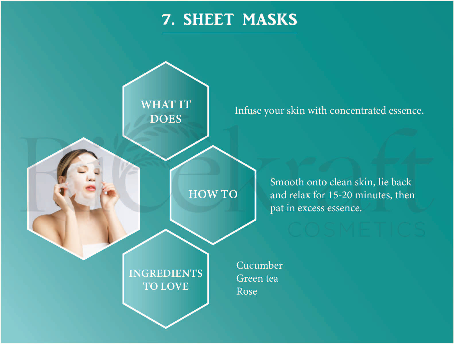 "Sheet mask with Cucumber, Green tea, and Rose essence for radiant skin."