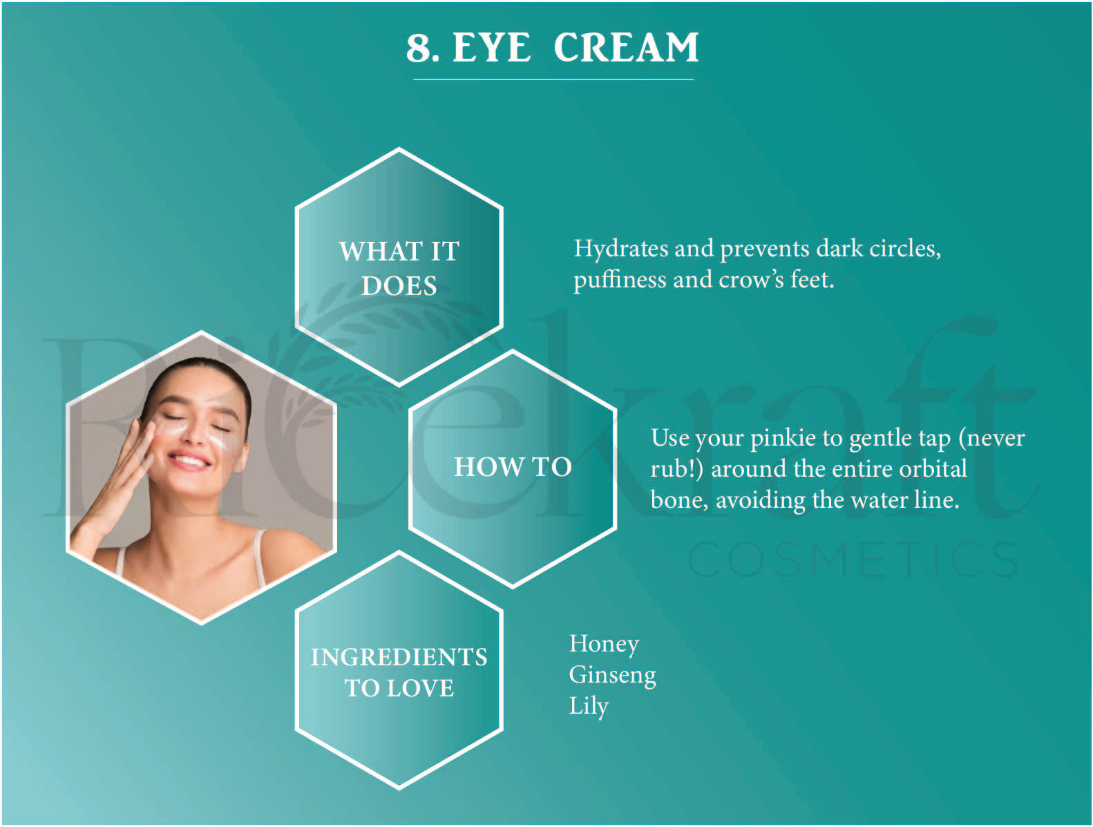 "Eye Cream: Hydration, Dark Circle Prevention, and More. Apply gently around the orbital bone."