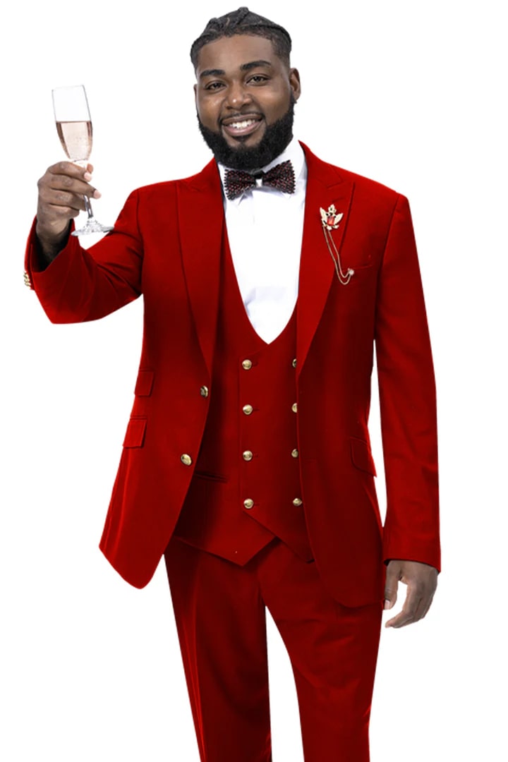 Cheap Suit - Mens Modern Two Button Vested Peak Lapel Red Suit With Double Breasted Vest & Gold Buttons