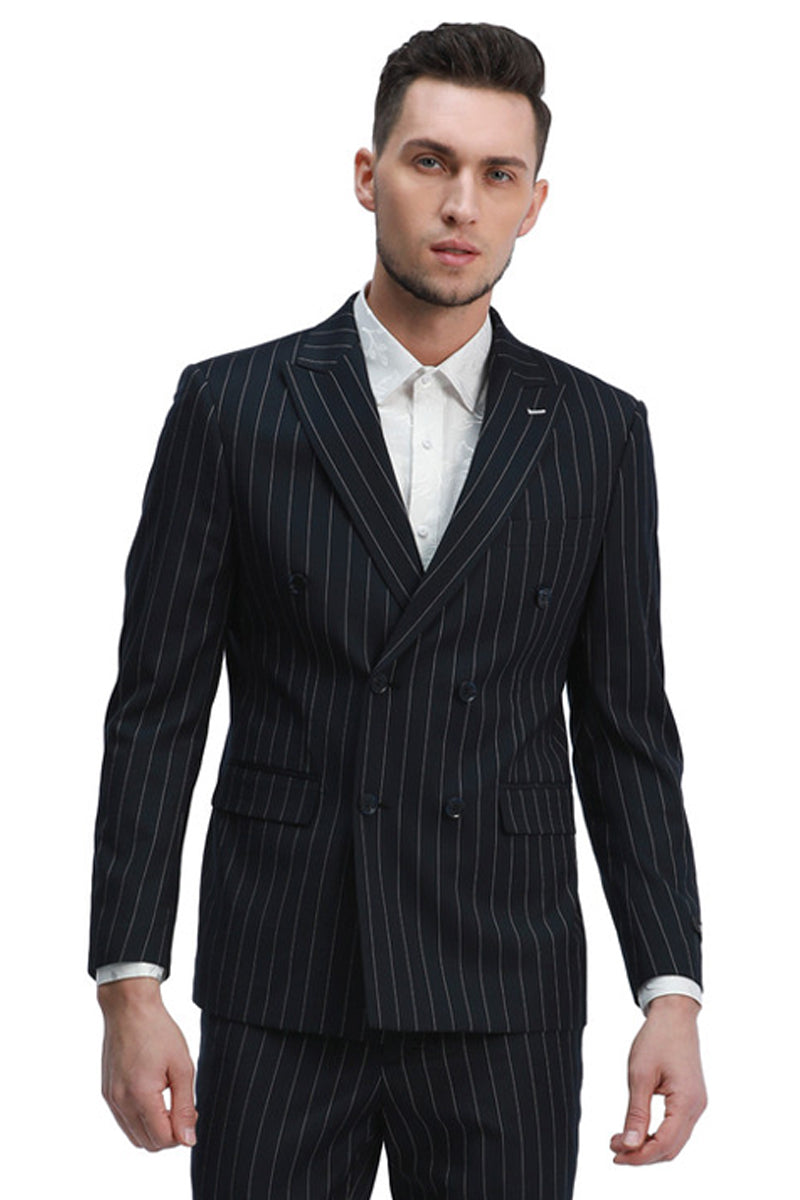 Boston Navy Blue Slim Fit Double Breasted Pinstripe Suit