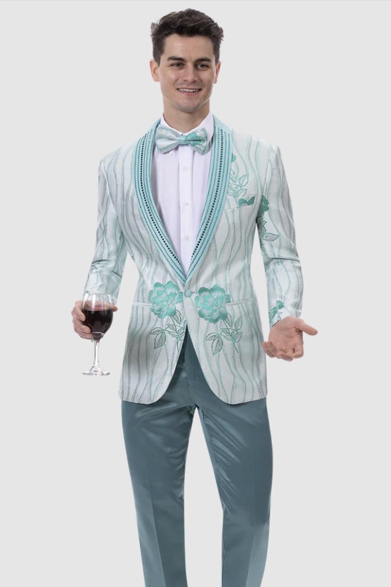 EJ Samuel Teal Prom Tux Jacket: Flower & Wave Pattern w/Stud Lapel