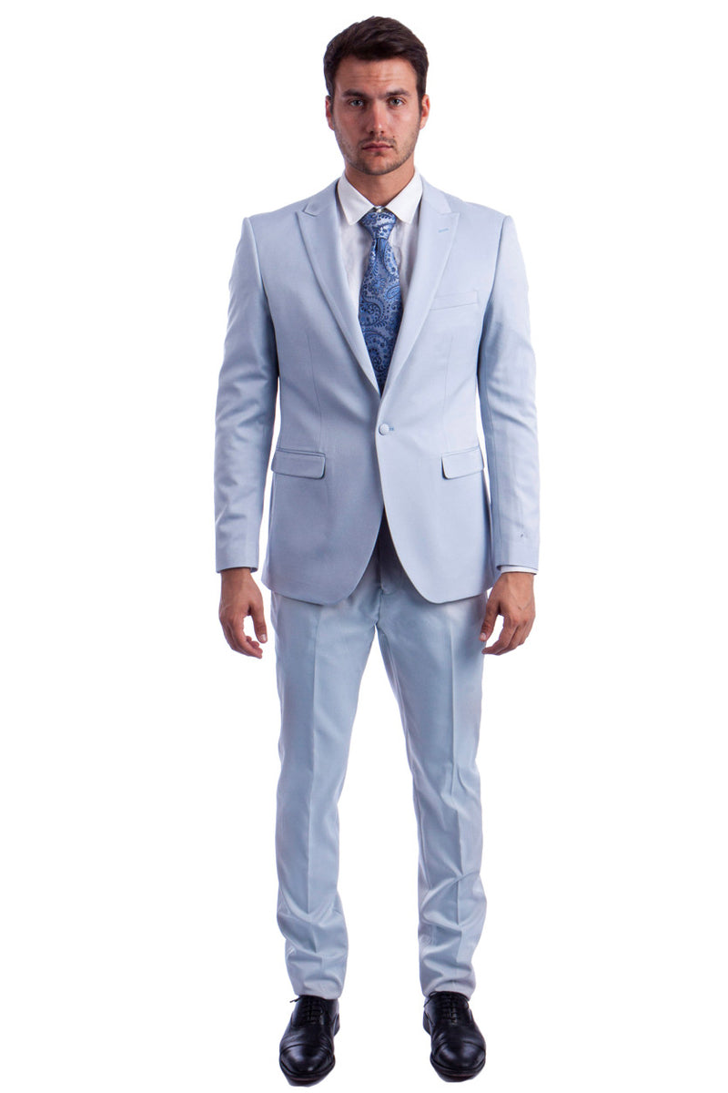 Slim Fit 2 Button Men Solid Slate Blue Suit Notch Lapel Flat Front AZAR  10036