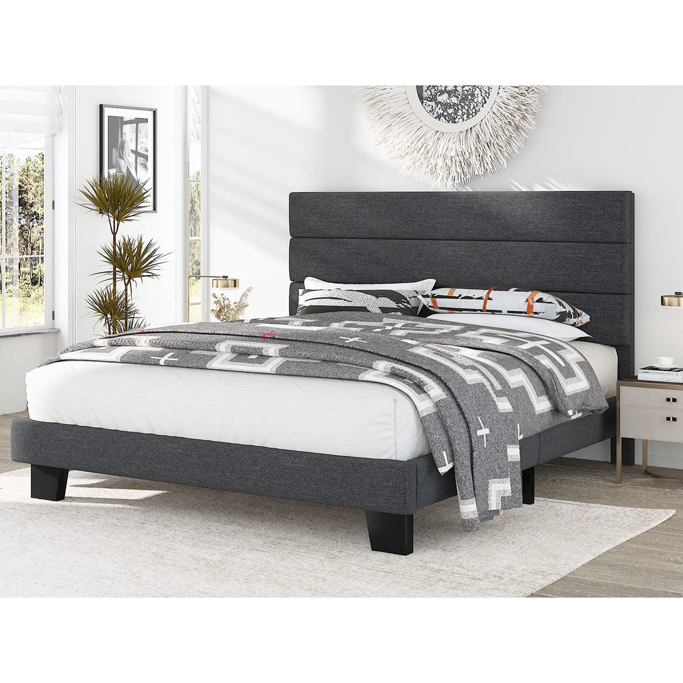 Allewie King Fully Upholstered Platform Bed Frame With Headboard Dark 