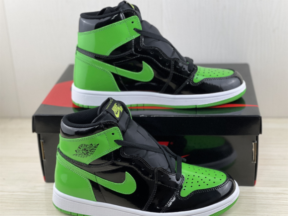 green and black patent leather jordan 1