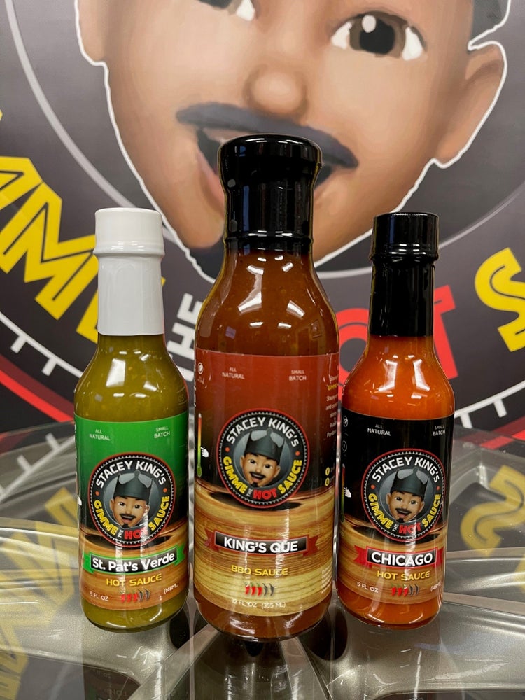 3-Pack Stacey King's Delicious BBQ Sauce, Green Verde Sauce and original Hot Sauce!
