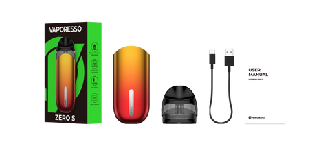 Vaporesso Zero S Kit includes one ZERO S battery, 1.2ohm MESH Pod, Type C USB Cable, User Manual, Warranty, and Reminder Card
