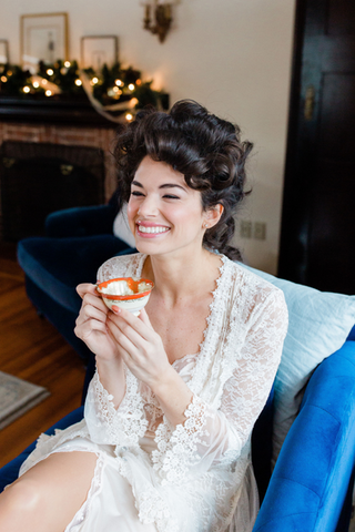 bride in vintage lingerie in bridal suite at Willowdale Estate Topsfield, Massachusetts