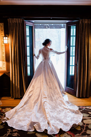 Bride in long bridal gown with train at Willowdale Estate - Boston, Massachusetts New England