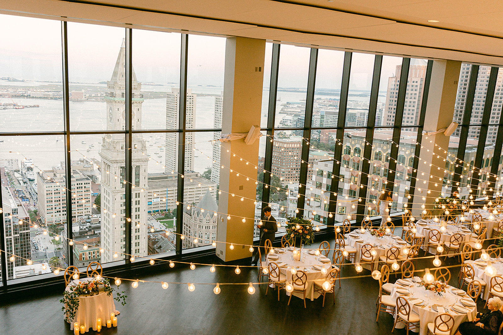 dusk at the state room in boston with waterfront views