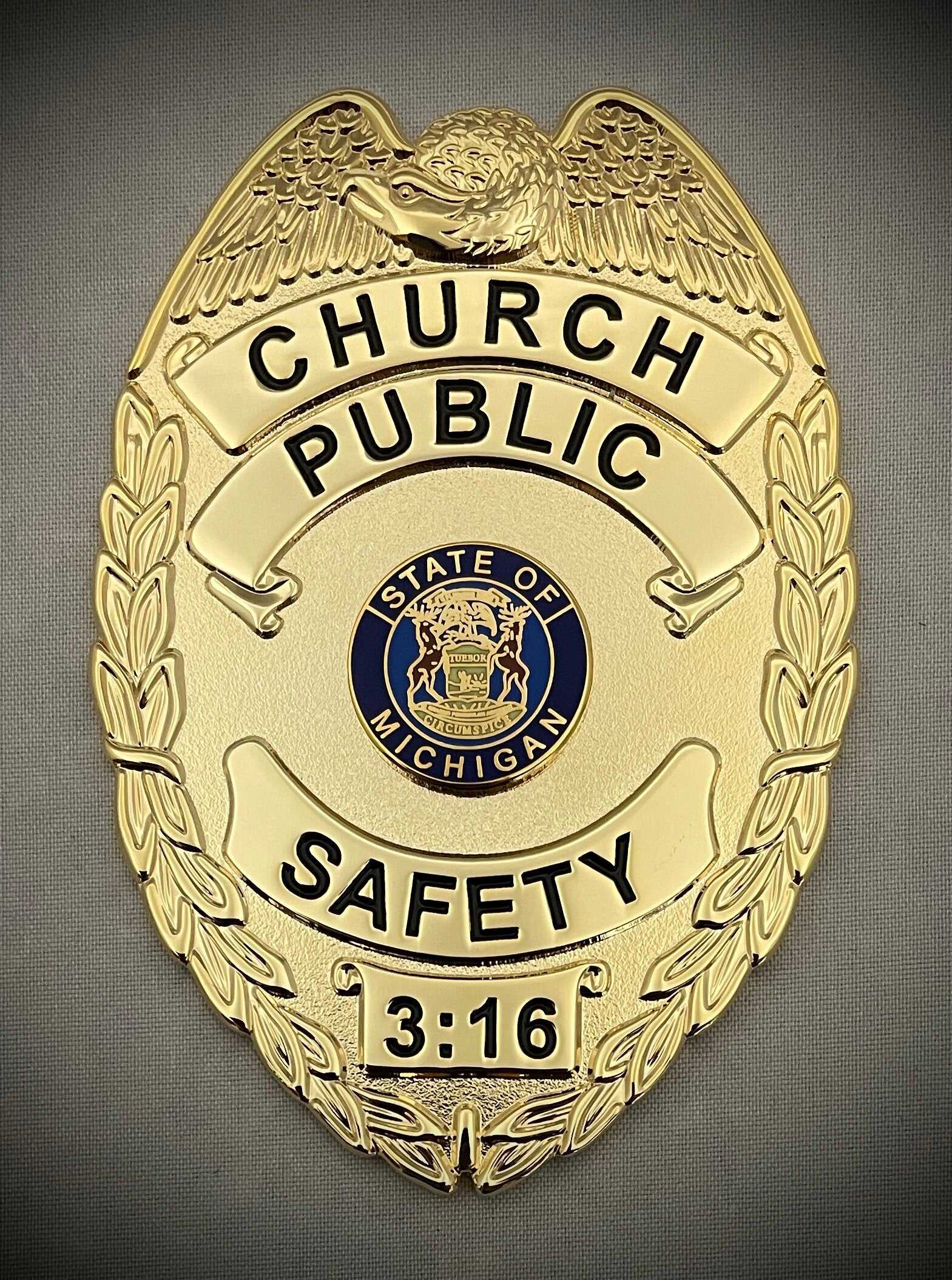 Church Public Safety Badge with leather belt clip holder (Gold or