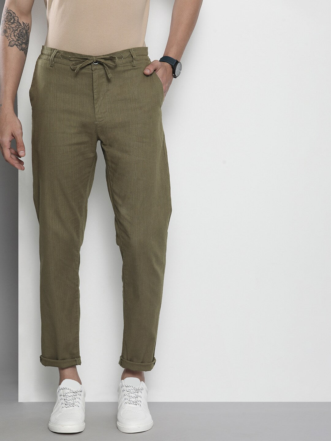Buy Linen Bloom Solid Flat Front Pants | Beige Color Men | AJIO LUXE