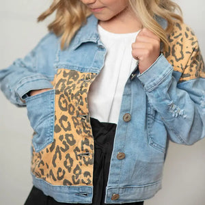 Kids Leopard Patch & Light Wash Denim Button Pocket Jacket - ELBBE + me