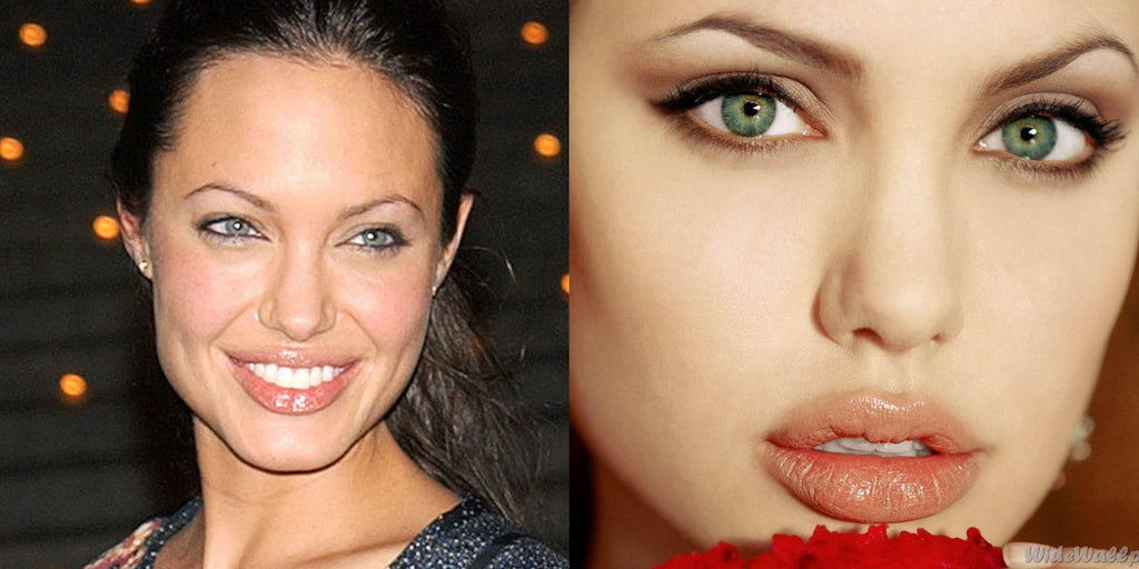 Angelina Jolie usando lentes de contacto de color verde.