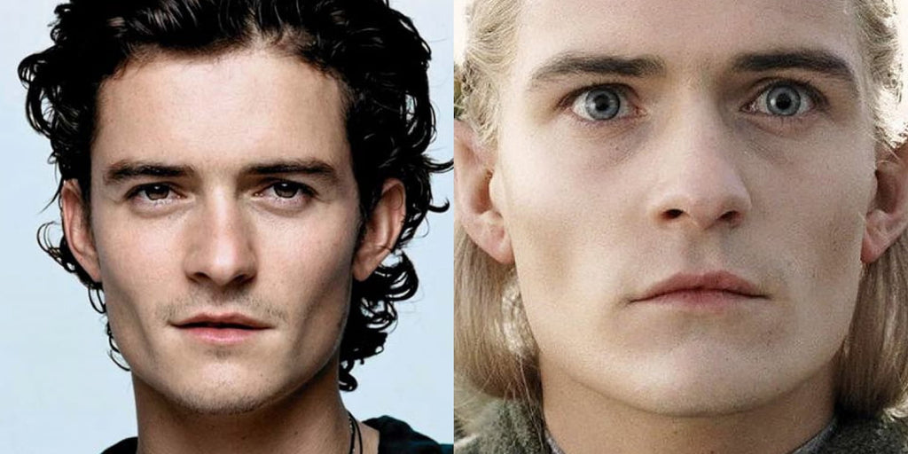 Orlando bloom wearing light blue coloured lenses.