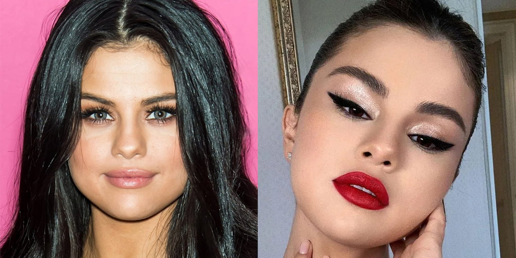 Selena Gomez usando lentes de contacto gris azulados.