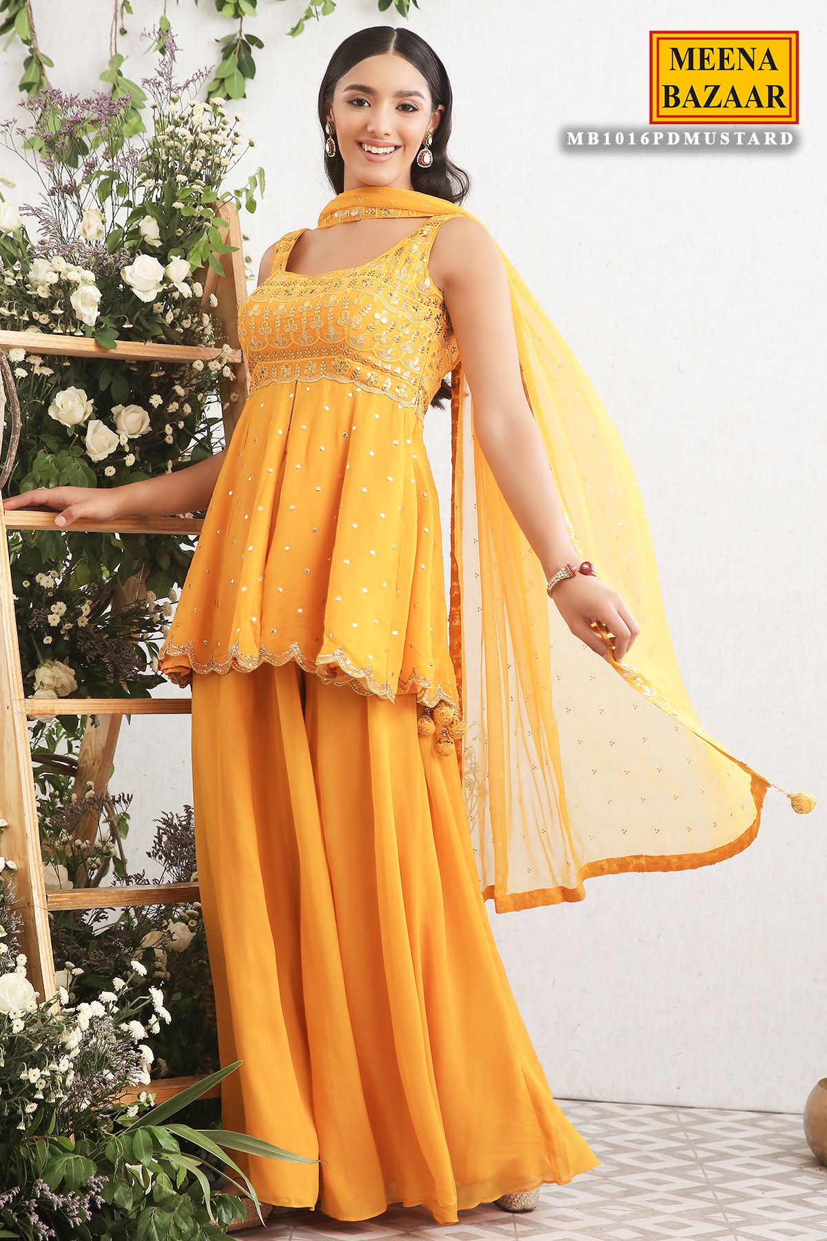 Mustard Georgette Embroidered Suit