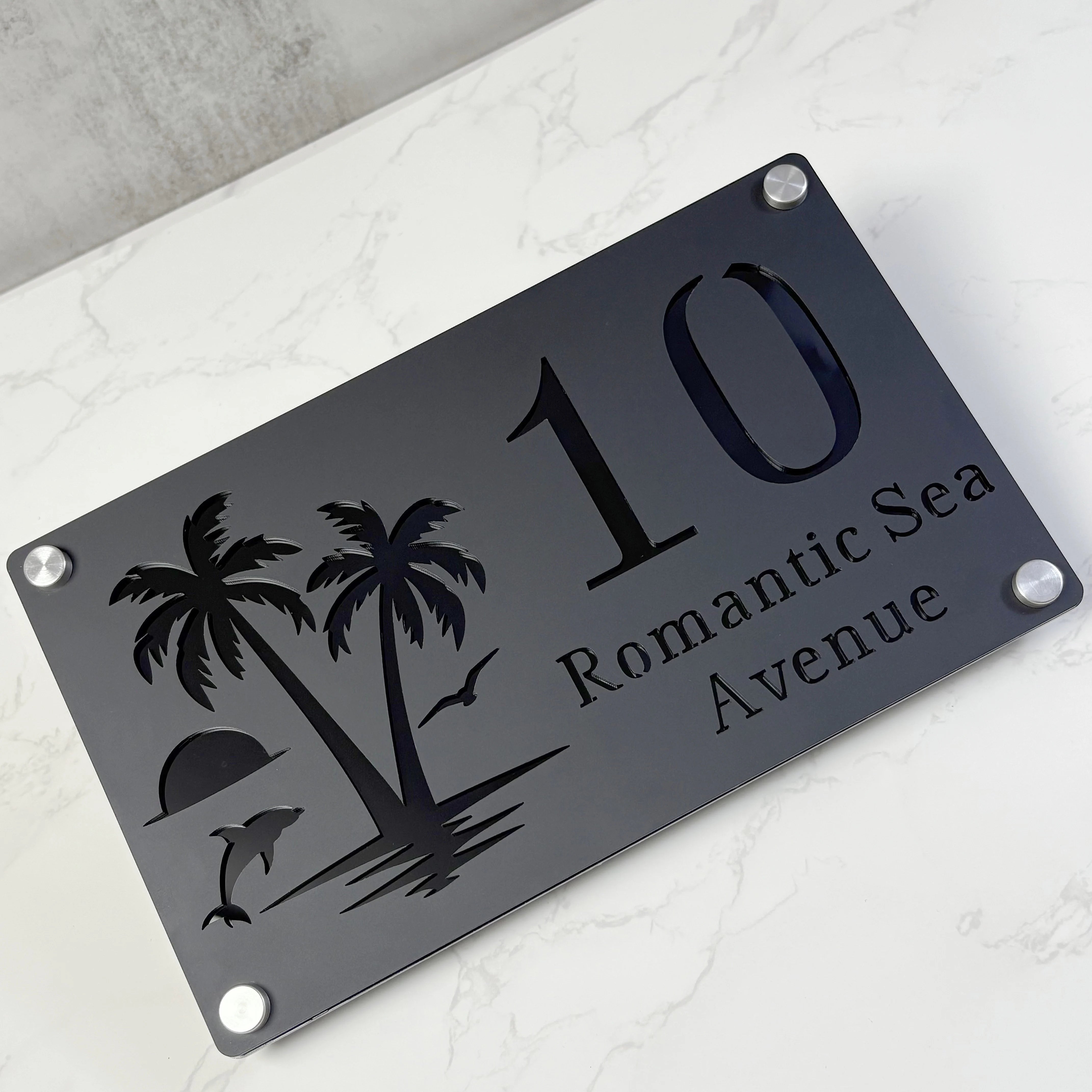 CUSTOM HOUSE SIGN NUMBER STREET SIGN ISLAND BEACH PALM TREE DOLPHIN ACRYLIC - Foto 8 di 18