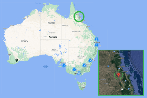 A map of Australia showing the location of the Mareeba Wetlands in Queensland