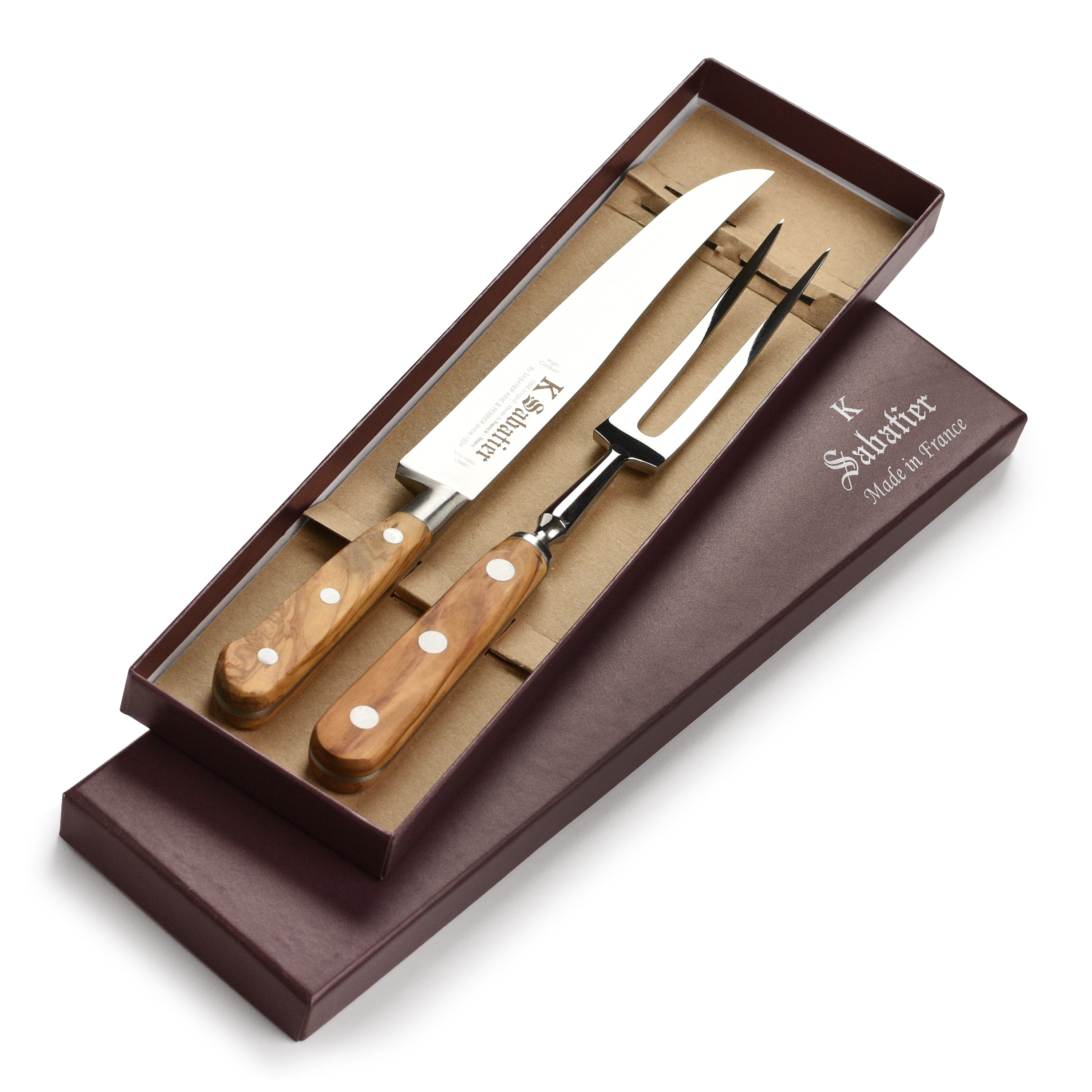 K Sabatier Olive Wood Carving Knife & Fork Set