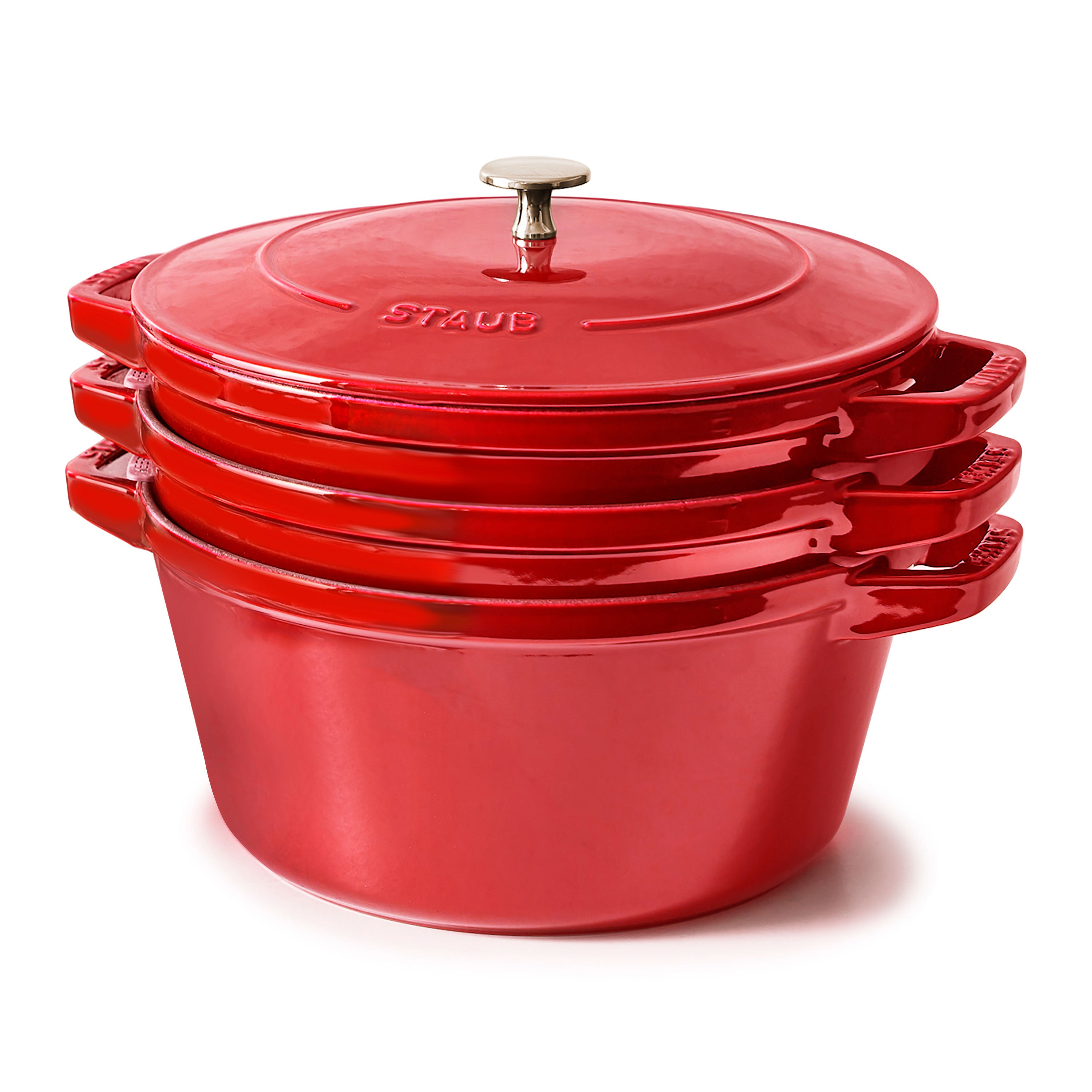 Staub 4 Piece Cherry Red Stackable Cast Iron Cookware Set