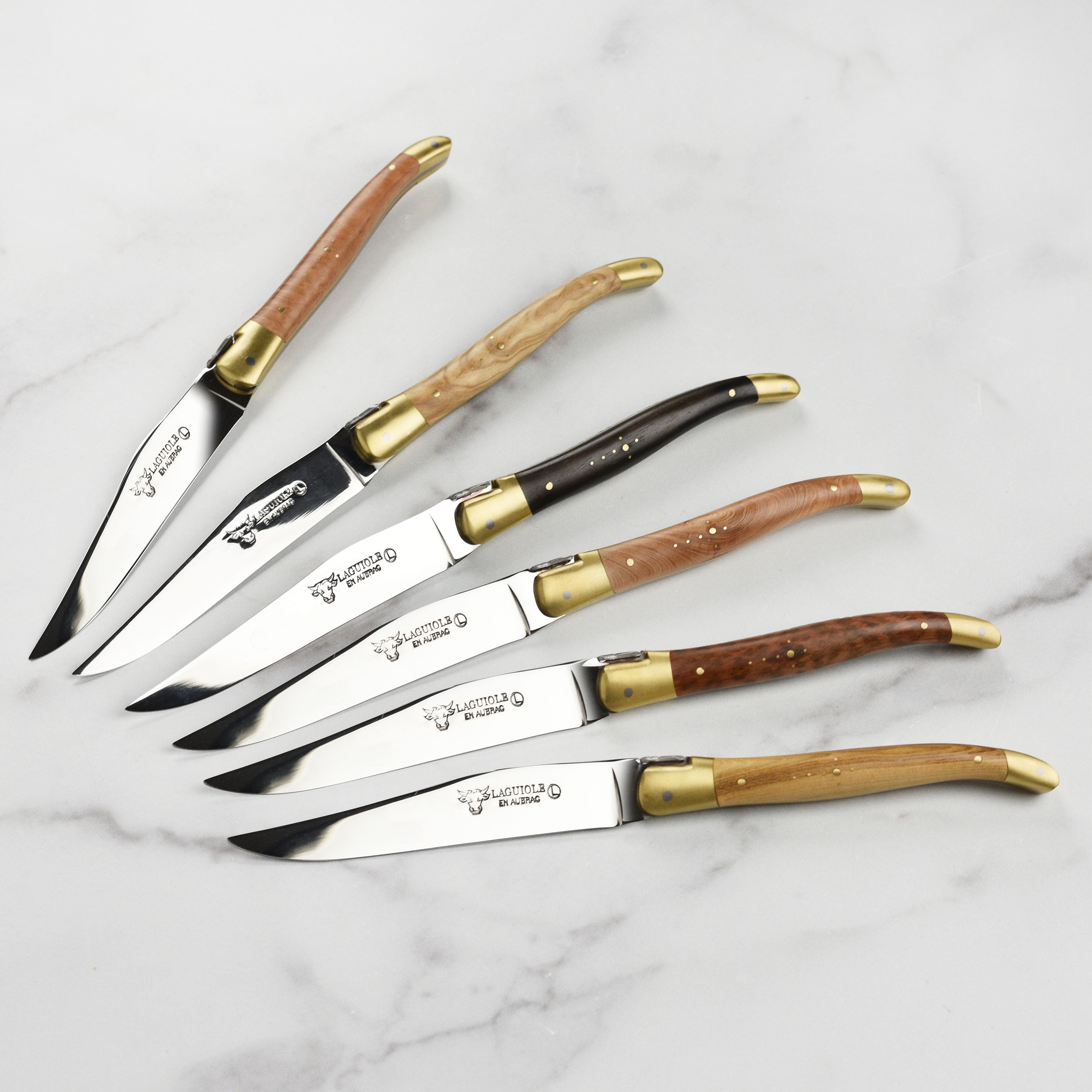 Laguiole en Aubrac 6 Piece Steak Knife Set with Burl Mixed Wood Handles & Brass Bolsters