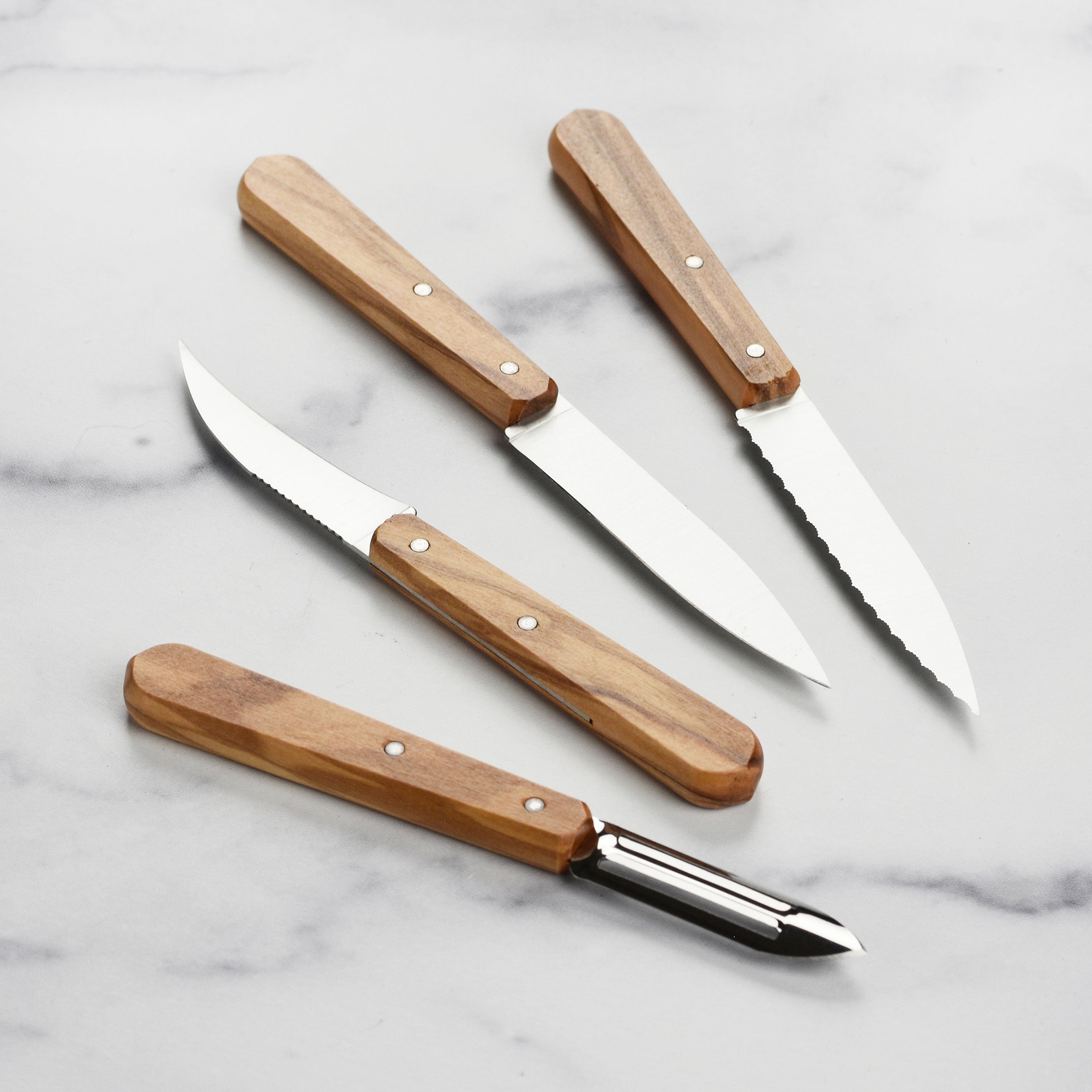 Opinel 4 Piece Stainless Steel Paring & Peeling Set with Olive Wood Handles