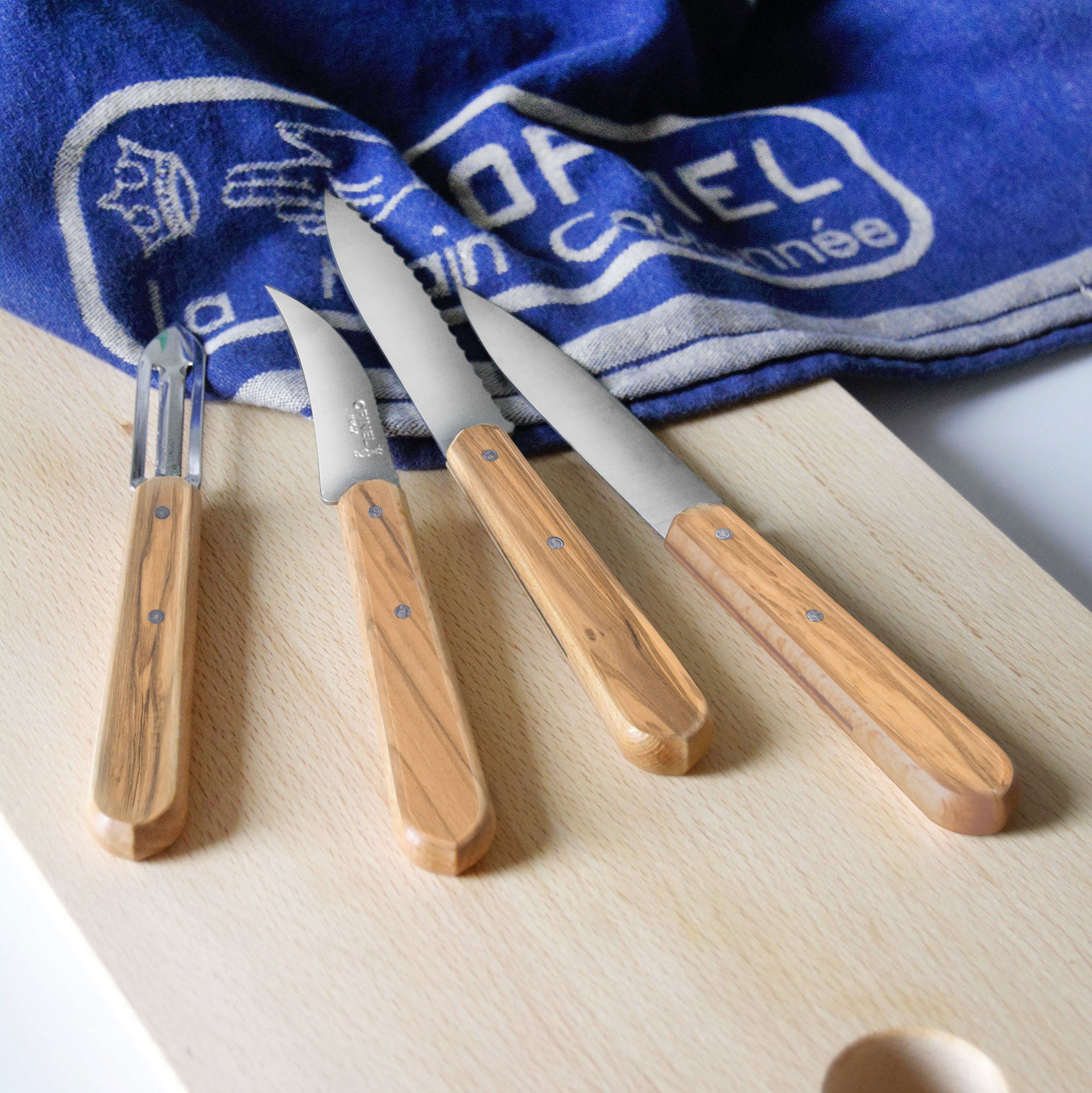 Opinel 4 Piece Stainless Steel Paring & Peeling Set with Olive Wood Handles