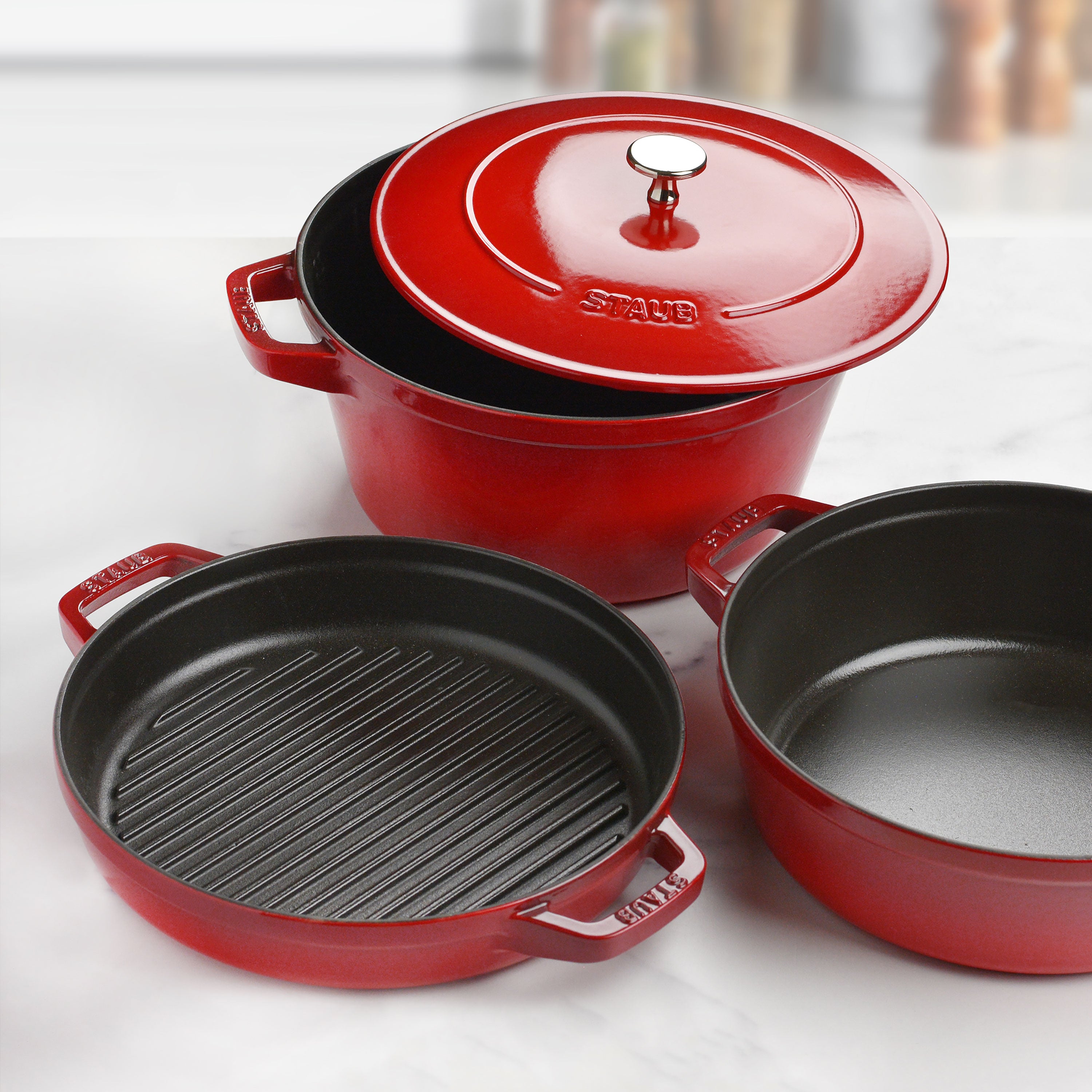 Staub 4 Piece Cherry Red Stackable Cast Iron Cookware Set