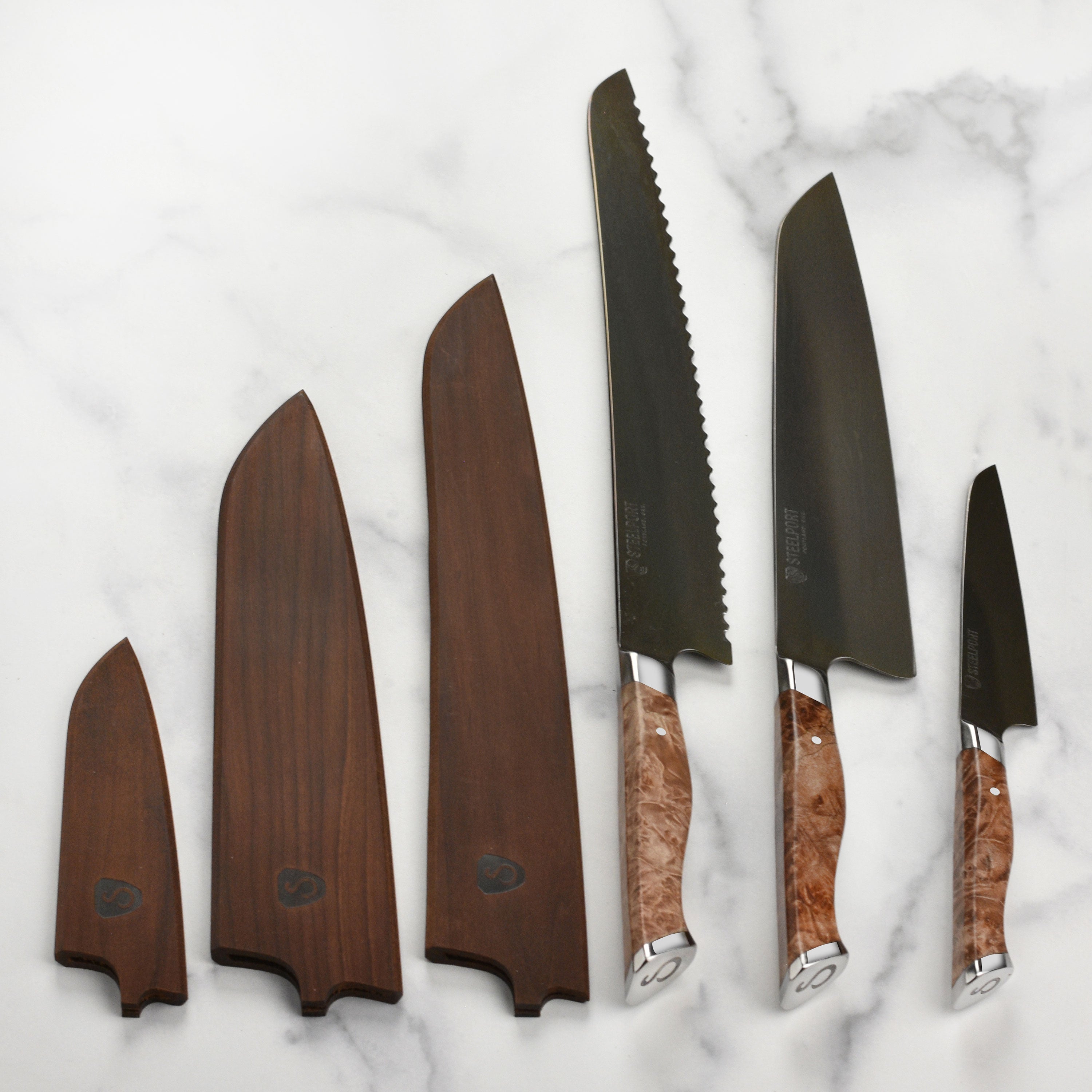 Steelport Carbon Steel 3 Piece Knife Set with Oregon Maple Magnetic Sheaths