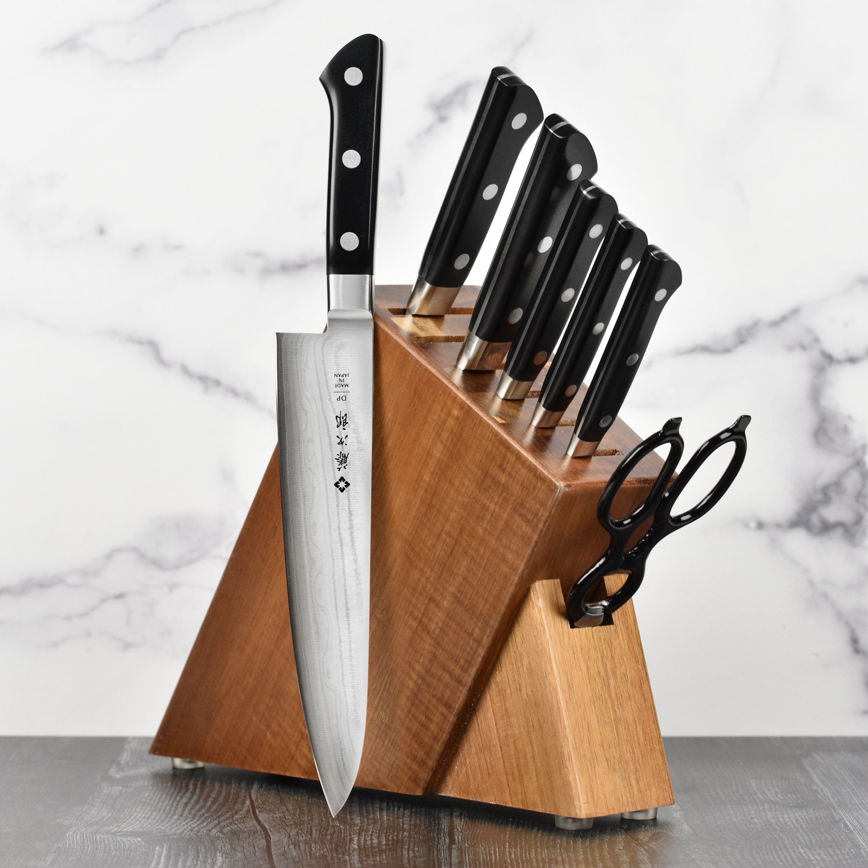 Tojiro DP Damascus 8 Piece Acacia Slim Knife Block Set