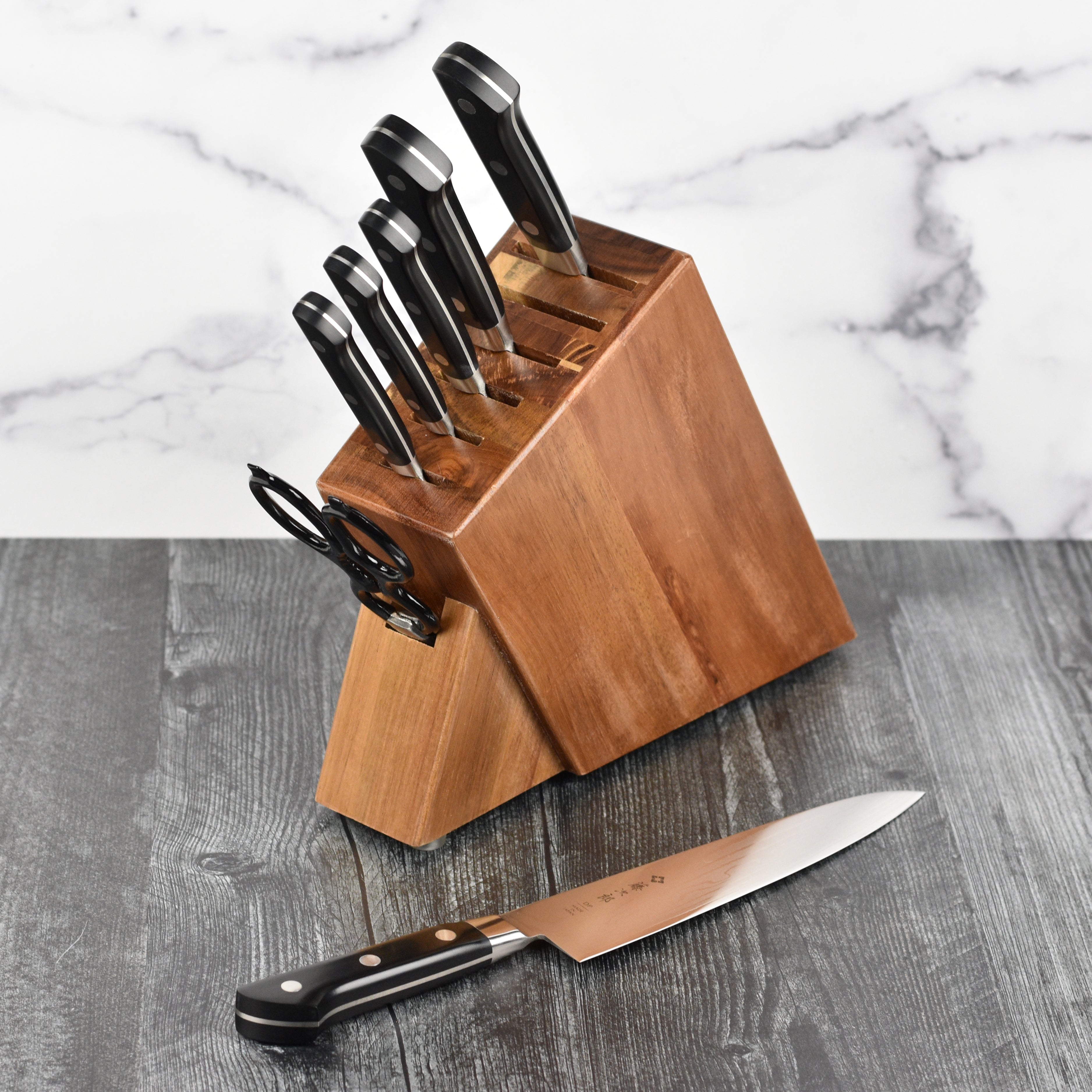 Tojiro DP Damascus 8 Piece Acacia Slim Knife Block Set