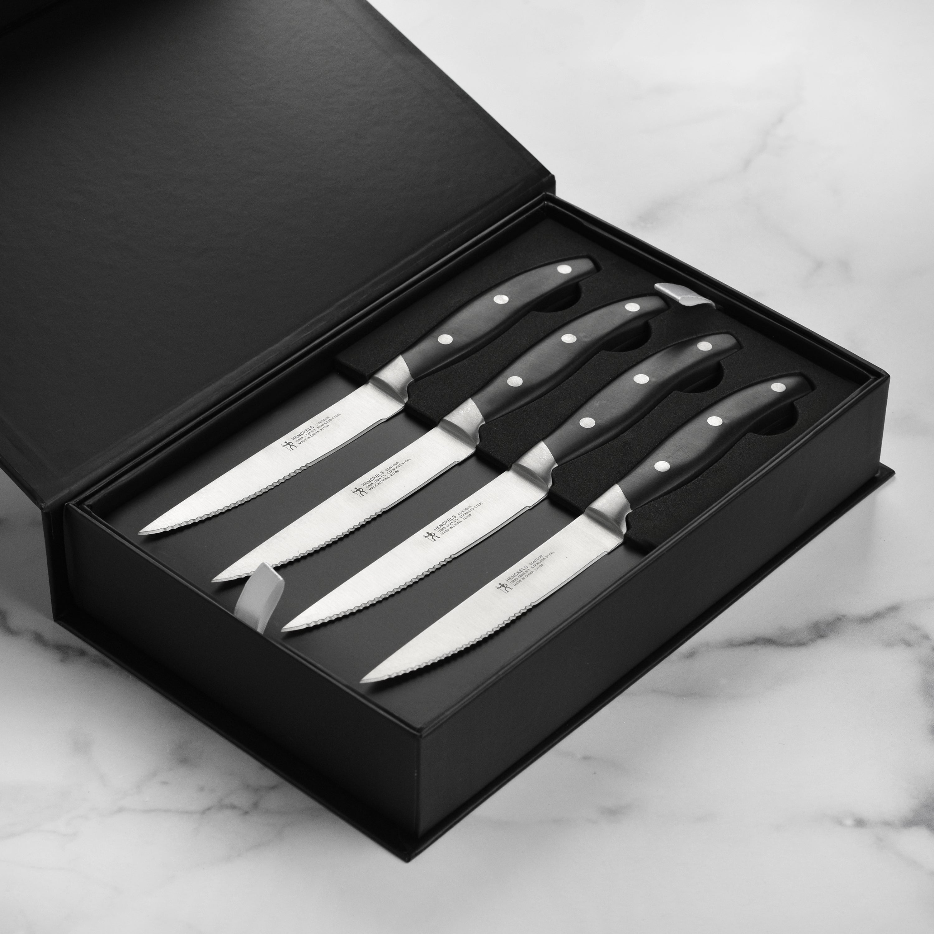 Henckels 8 Piece Forged Serrated Steak Knife Set with Gift Box, Black Handles