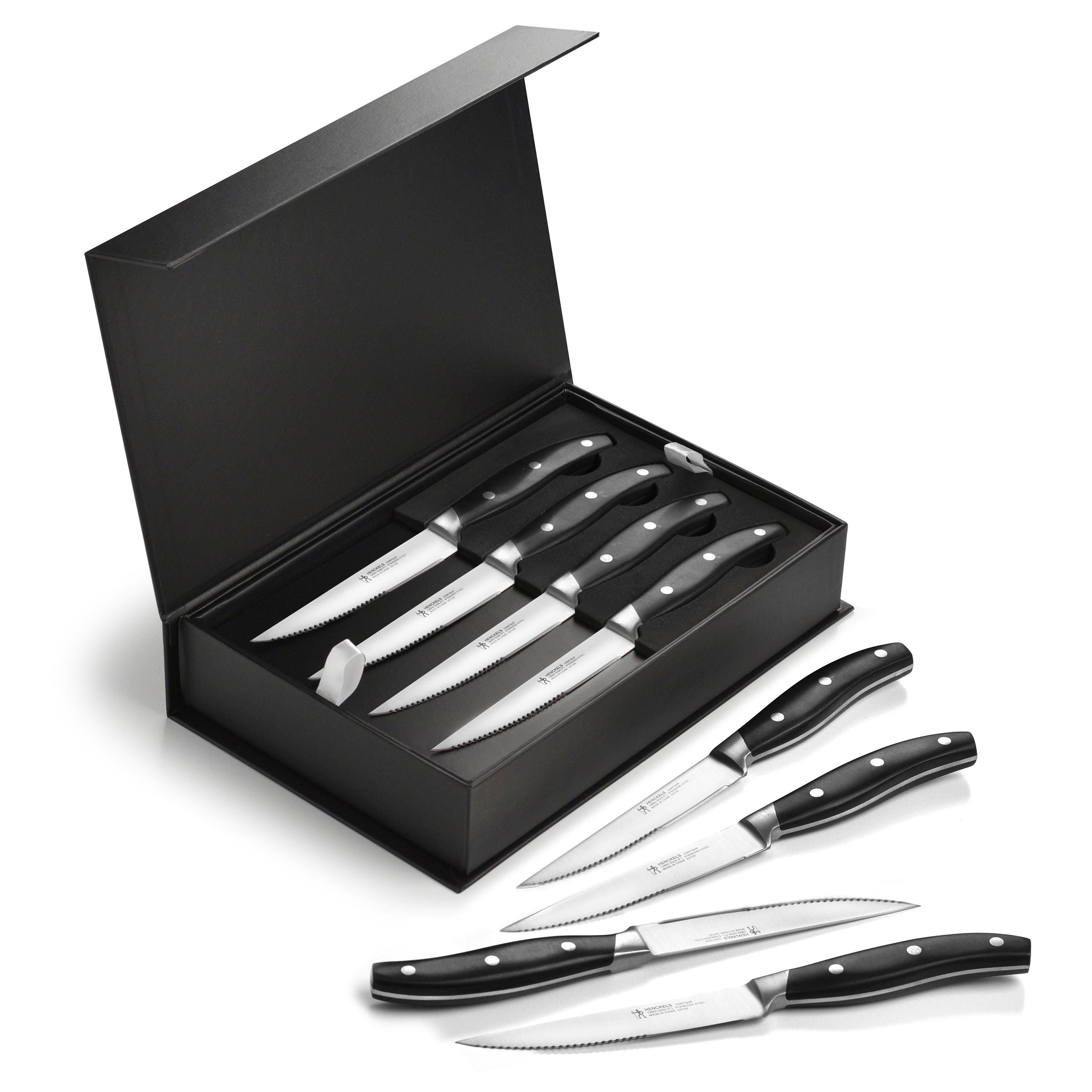 Henckels 8 Piece Forged Serrated Steak Knife Set with Gift Box, Black Handles