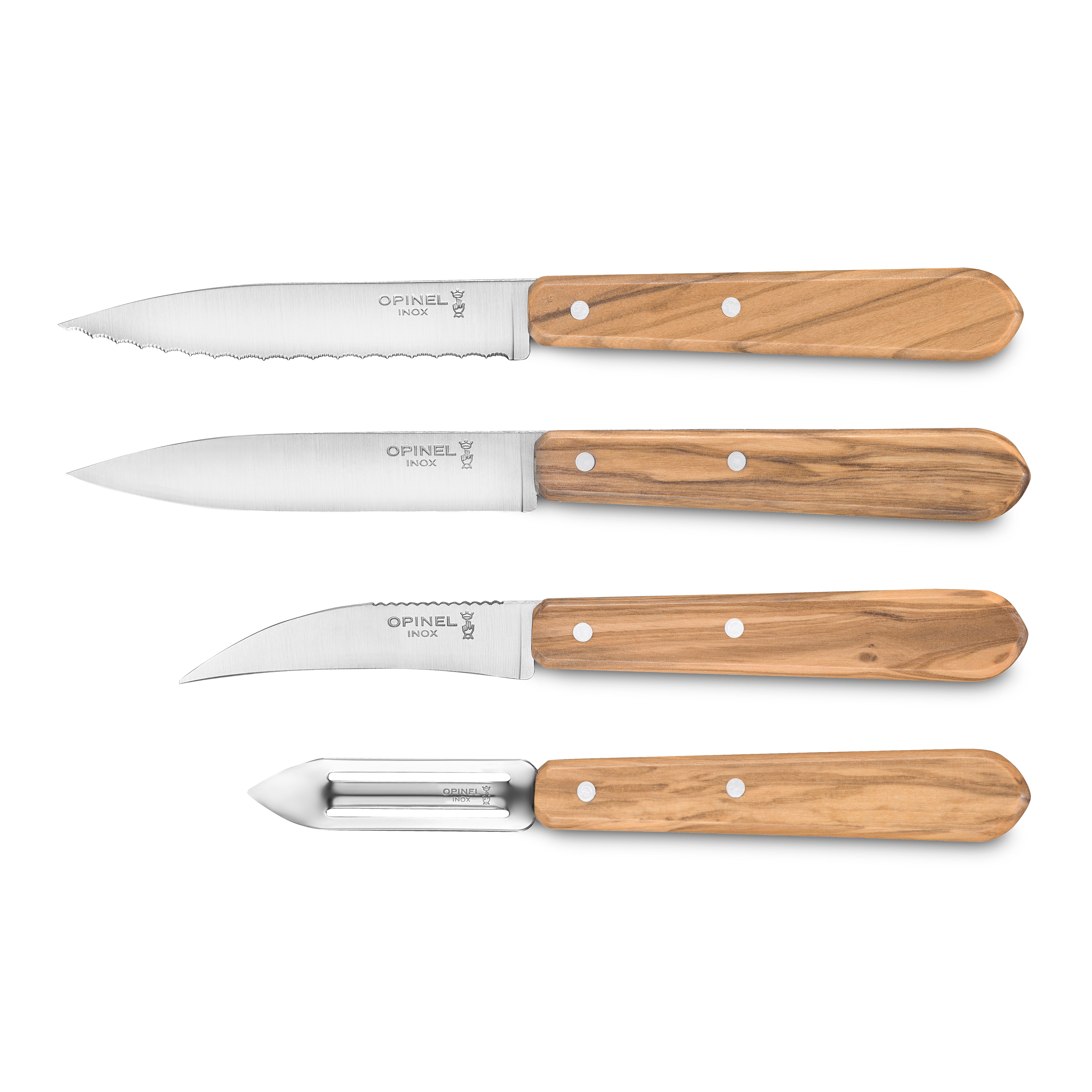 Opinel 4 Piece Stainless Steel Paring & Peeling Set with Olive Wood Handles