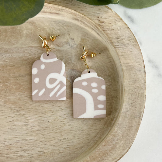 Abstract tan and white polymer clay earrings