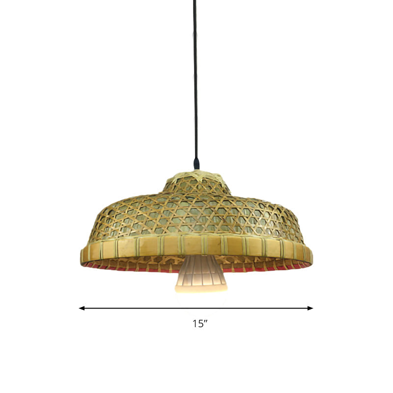 Single Light Hat-Shaped Hanging Lamp Rustic Bamboo Drop Light for Restaurant