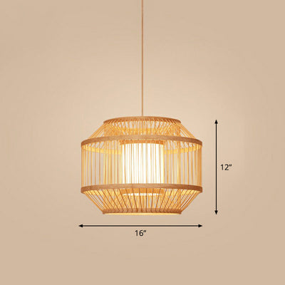 Cage Style Bamboo Pendant Ceiling Light Chinese 1 Bulb Beige Hanging Light for Tearoom