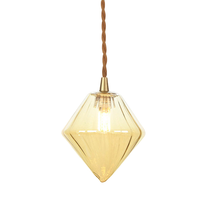 Diamond Pendant Light Fixture Contemporary Amber/Clear Glass 1 Light 3"/4" Wide Dining Room Hanging Lamp Kit
