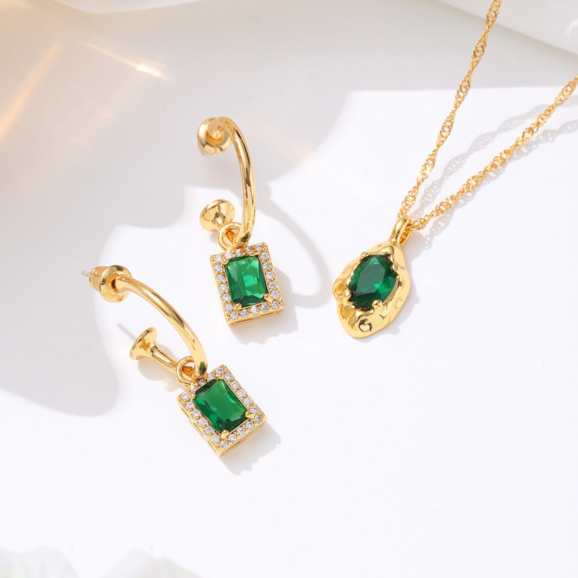 Classicharms Emerald Pendant Necklace and Earrings Set