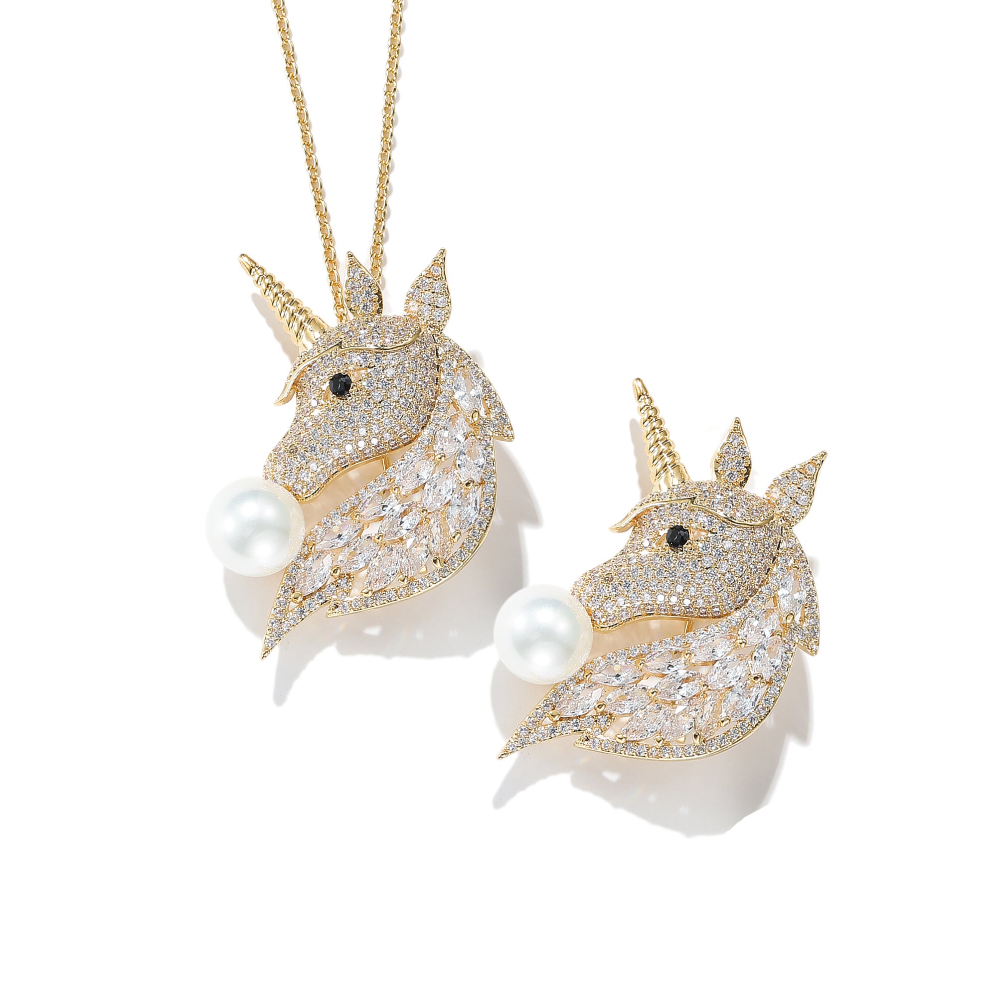 Classicharms Gold Pavé Unicorn Brooch and Necklace Set